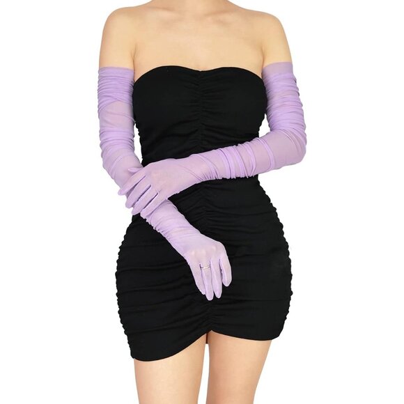 Women's Lavender Sexy Tulle Sheer Mesh Long Satin Gloves Party Prom Costume - Picture 4 of 6